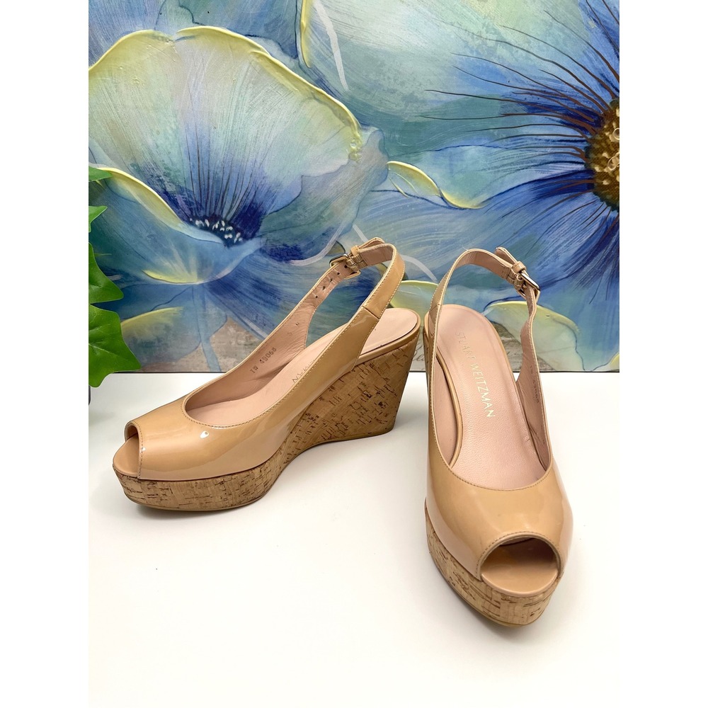 Stuart Weitzman Nude Patent Leather Cork Platform Wedge Peep Toe Sandals Size 6 - Picture 9 of 9